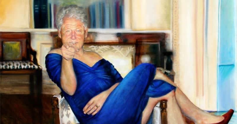 Painting of Bill Clinton in blue dress hanging in Jeffrey Epstein’s NYC mansion